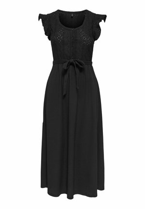 Robe midi noire avec corsage en dentelle boutonné, manches courtes à volants, ceinture nouée à la taille, jupe fluide.