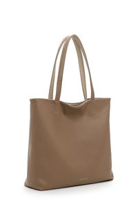 Taupefarbene Ledertasche mit doppelten Schulterriemen und dezenter, geprägt Markenlogo in der unteren Mitte.