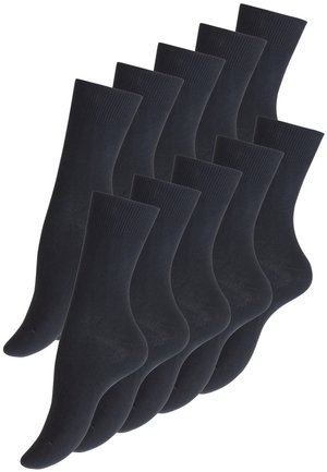 Dix paires de chaussettes bleu marine, texture lisse, bords côtelés, longueur standard, avec renfort aux orteils et au talon pour plus de durabilité.