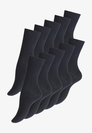 Dix paires de chaussettes bleu marine, texture lisse, bords côtelés, longueur standard, avec renfort aux orteils et au talon pour plus de durabilité.