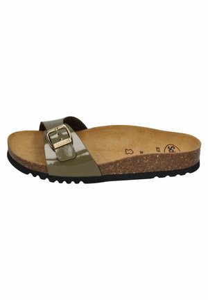 Offene Zehen Slip-On Sandale mit olivgrünem verstellbarem Riemen, Korkfußbett und schwarzer strukturierter Sohle.