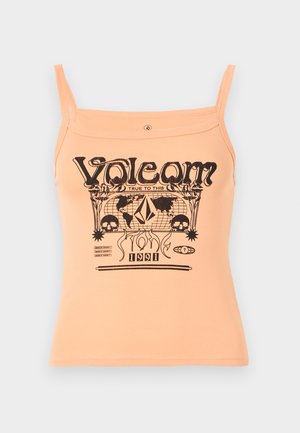 Peach tank top with thin straps featuring black graphic print of the brand "Volcom" and various designs including skulls and shapes.