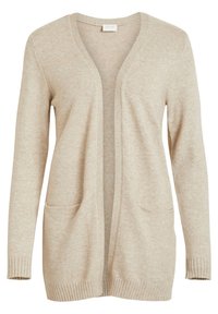 Beige cardigan i mjukt stickat material, med V-ringning, öppen framsida, två framfickor och ribbade mudd. 