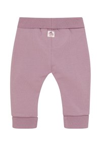 Fioletowe bawełniane legginsy z żebrowanym pasem i mankietami. Na plecach znajduje się wszyta metka z logo. Gładka tekstura, dopasowany krój.