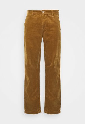 Brown corduroy pants with a straight cut, featuring subtle vertical ribbing, a button closure, and standard pockets.