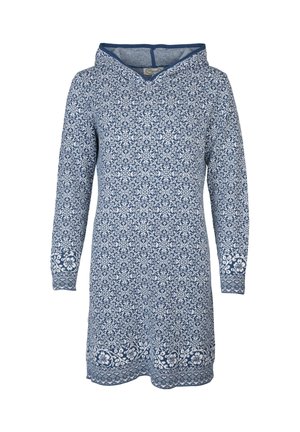 Blue hooded dress made from patterned fabric, featuring intricate white floral and geometric designs, long sleeves, and a curved hem.