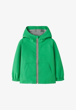 Chaqueta verde para niños con capucha, cremallera frontal, puños elásticos y dos bolsillos delanteros, con un forro interior gris en la capucha.