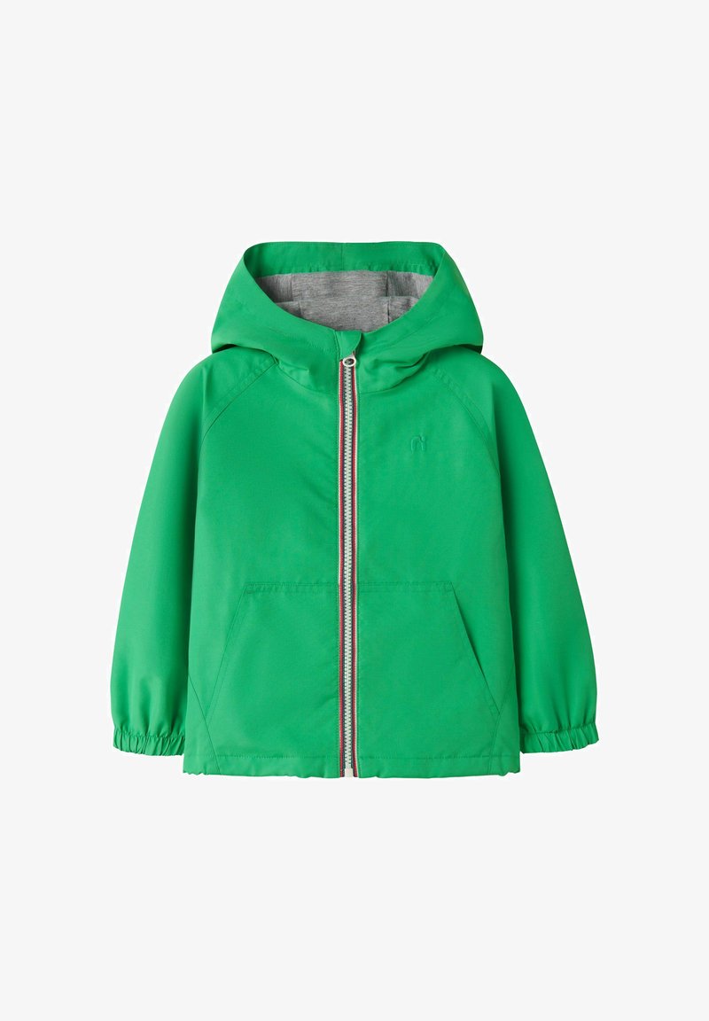 Veste à capuche verte pour enfants avec fermeture éclair à l'avant, poignets élastiques et deux poches avant, avec une doublure intérieure de capuche grise.