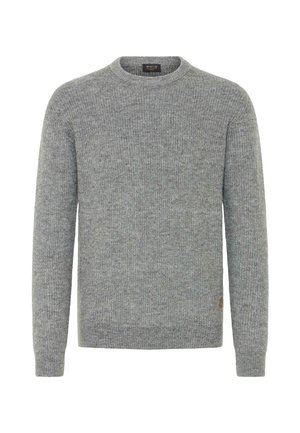 Szürke kötött pulóver kerek nyakkivágással, bordázott mandzsettákkal és aljjal. Az alján egy kicsi logó folt található. Puha tapintású.