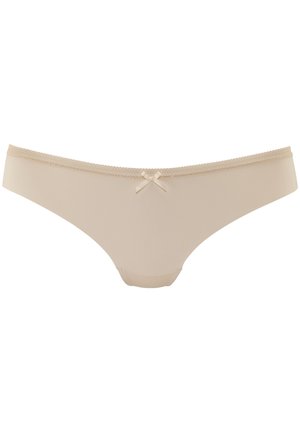 Beige Unterwäsche aus glattem Stoff. Mit Spitzendetails und einem kleinen Satinschleifchen am Rücken. Minimalistische Abdeckung.