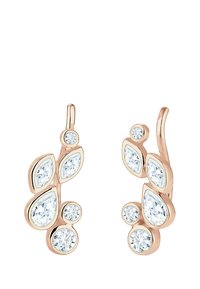 Örhängen i roséguld med en blomsterdesign som har droppformade och cirkulära klara stenar, med varierande storlekar och glittrande fasetter.