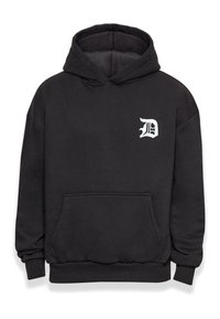 Schwarzer Hoodie mit Kängurutasche, gerippten Bündchen und einem stilisierten weißen "D"-Logo auf der linken Brust. Aus weichem Stoff gefertigt.