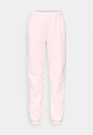 Rosa joggingbyxor med elastisk midjeband, muddade anklar och sidofickor; gjorda av mjukt, slätt tyg med enkel design.