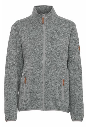 Graue Fleecejacke mit hohem Kragen, Frontreißverschluss, zwei Seitentaschen und beigefarbenen Lederakzenten. Texturiertes Material mit einheitlichem Muster.