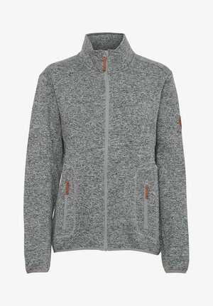 Graue Fleecejacke mit hohem Kragen, Frontreißverschluss, zwei Seitentaschen und beigefarbenen Lederakzenten. Texturiertes Material mit einheitlichem Muster.