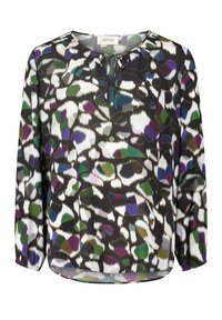 Langärmlige Bluse mit elastischen Bündchen, rundem Halsausschnitt mit Bindeband, präsentiert ein abstraktes Muster in Schwarz, Weiß, Grün, Lila und Blau.