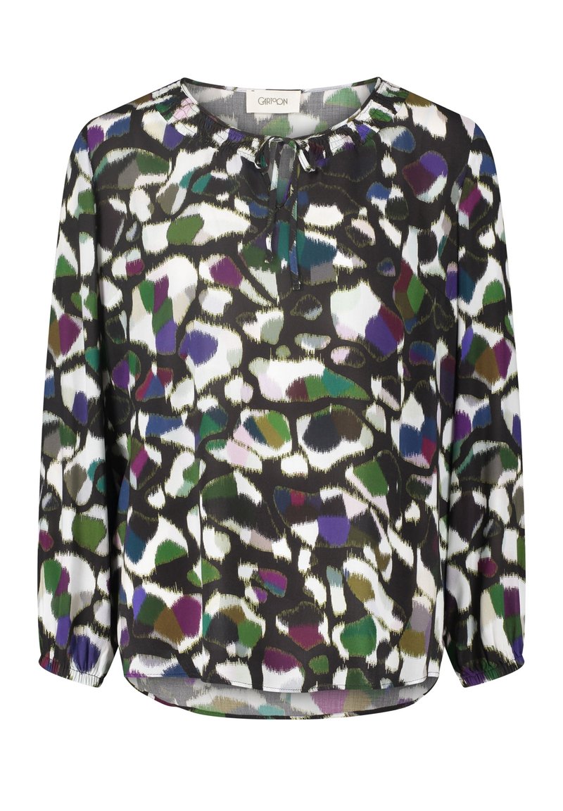 Langärmlige Bluse mit elastischen Bündchen, rundem Halsausschnitt mit Bindeband, präsentiert ein abstraktes Muster in Schwarz, Weiß, Grün, Lila und Blau.