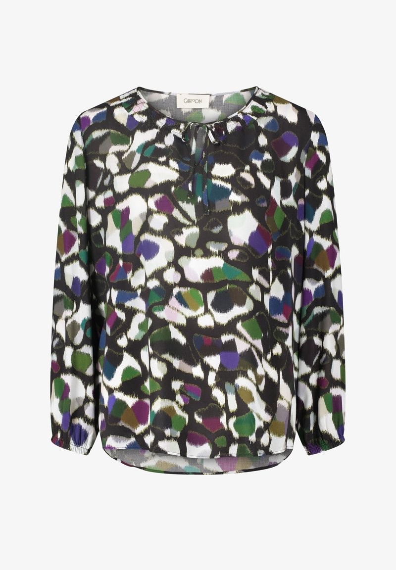 Langärmlige Bluse mit elastischen Bündchen, rundem Halsausschnitt mit Bindeband, präsentiert ein abstraktes Muster in Schwarz, Weiß, Grün, Lila und Blau.