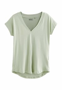 Hellgrünes T-Shirt mit kurzen Ärmeln, V-Ausschnitt und lässiger Passform. Hergestellt aus weichem Stoff mit abgerundetem Saum und dezenten Nahtdetails.