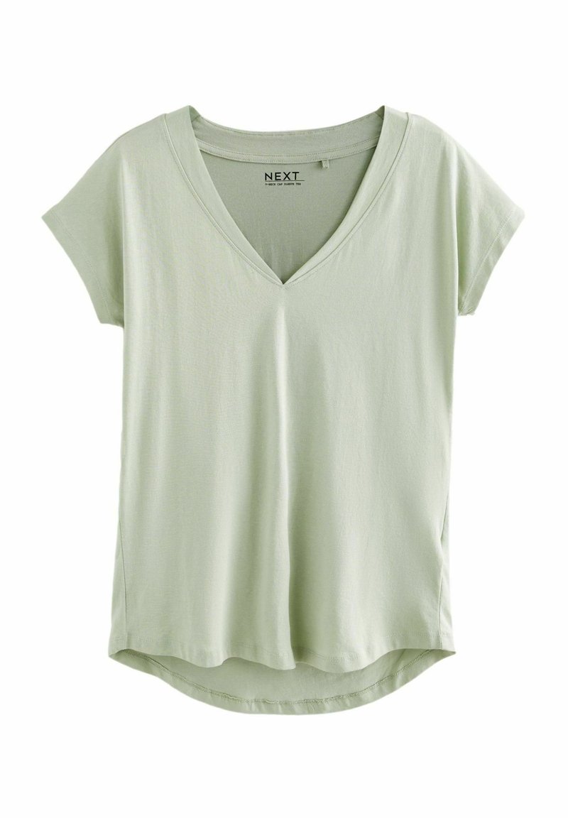 Hellgrünes T-Shirt mit kurzen Ärmeln, V-Ausschnitt und lässiger Passform. Hergestellt aus weichem Stoff mit abgerundetem Saum und dezenten Nahtdetails.