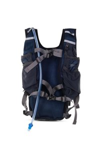 Navy blue hydration vest made from mesh material, featuring adjustable straps, side pockets, and a drinking tube extending from the front.