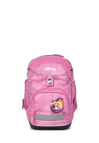 Pink backpack with star patterns, multiple compartments, a front pocket featuring a character sticker, and a black bottom for stability.