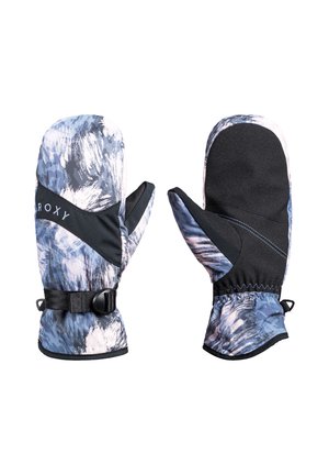 Blue and white patterned mittens with a black palm and accent stripe. Features an adjustable wrist strap and elasticized cuffs for a snug fit.
