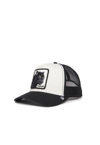 Cappellino trucker in bianco e nero con pannelli in rete, caratterizzato da una patch grafica di un pantera con il testo "PANTHER" sul davanti. Design della visiera curva.