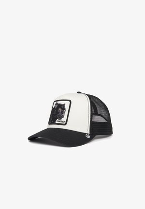 Gorra trucker en blanco y negro con paneles de malla, que presenta un parche gráfico de un pantera con el texto "PANTHER" en la parte frontal. Diseño de visera curvada.