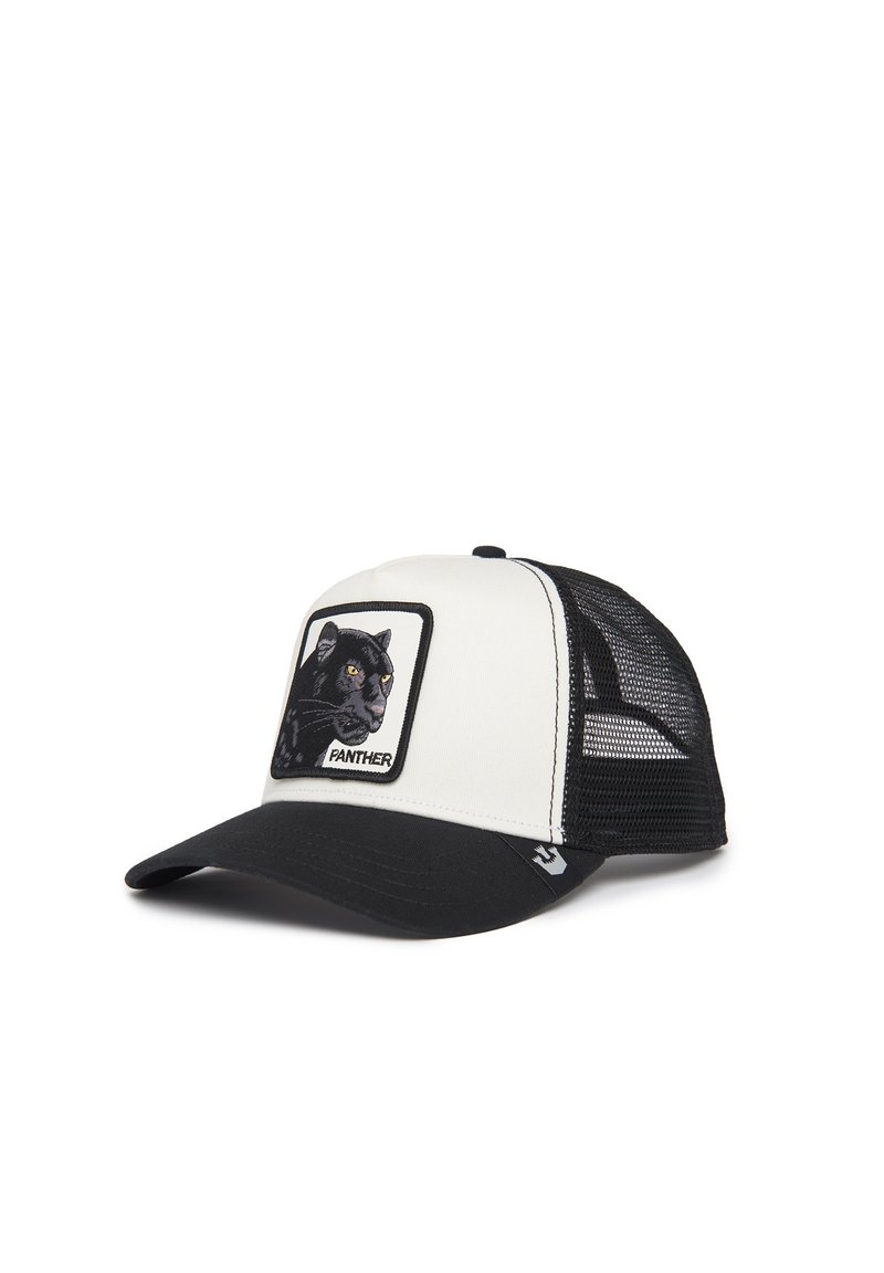 Cappellino trucker in bianco e nero con pannelli in rete, caratterizzato da una patch grafica di un pantera con il testo "PANTHER" sul davanti. Design della visiera curva.