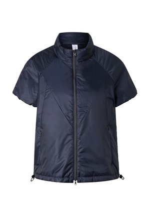 Navy blue short-sleeve padded vest with front zipper and high collar, featuring zippered side pockets and adjustable hem toggles.
