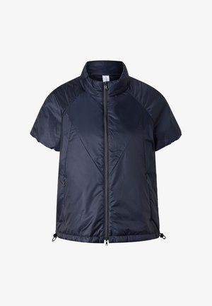 Navyblauw gewatteerd korte mouwenvest met rits aan de voorkant en hoge kraag, voorzien van ritssluitingen aan de zijkanten en verstelbare zoomkoorden.