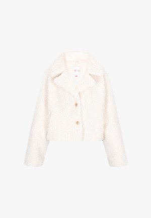 Lühendatud valge jakk, mis on valmistatud pehmest, tekstuuriga kangast, millel on sametine viimistlus, millel on nurgeline krae ja kaks kuldtoonist nuppu.