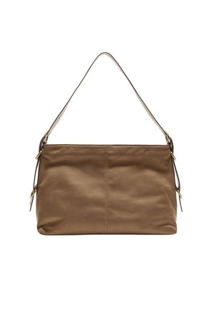Borsa a spalla in pelle marrone con una superficie liscia, singolo manico regolabile, design piatto e due dettagli decorativi ai lati.