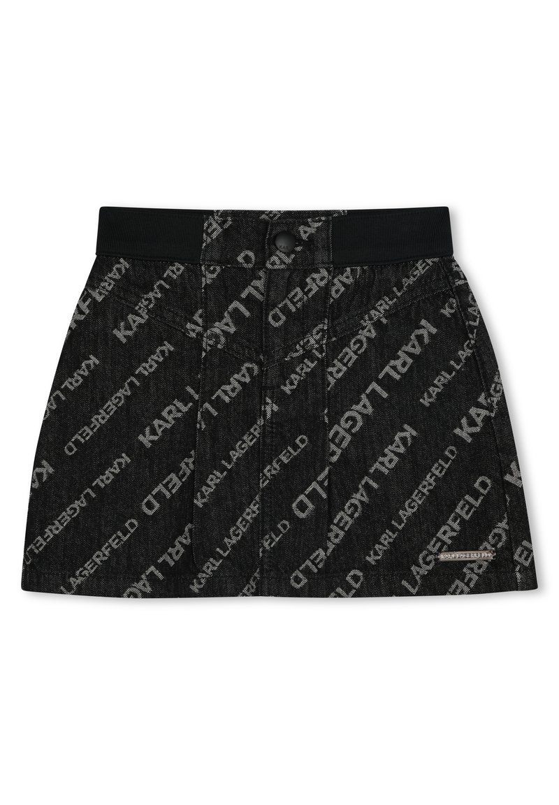Zwarte denimrok met een herhalend wit logopatroon, een tailleband met knoopsluiting en een licht uitlopende vorm.