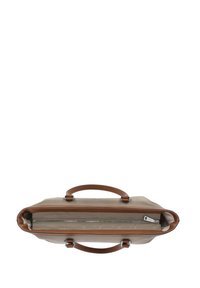 Borsa a tote in pelle marrone chiaro con due manici marroni, un comparto con zip e un motivo in rilievo all'esterno. Forma piatta e rettangolare.