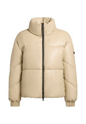 Geacă puffer bej cu guler înalt, închidere cu fermoar, manșete ribbate și umplutură matlasată. Prezintă un finisaj exterior lucios și neted.