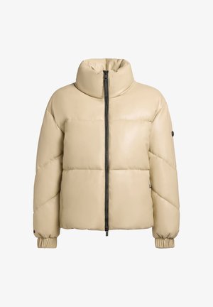 Beige pufferjakke med høj krave, lynlås-lukning, ribbede manchetter og quiltet polstring. Har en blank, glat overflade.