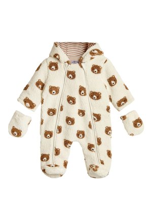 Fløjlsheldragt til baby i cremefarve med hætte, mønster med brune teddybjørneansigter, fastsatte fødder og matchende vanter.
