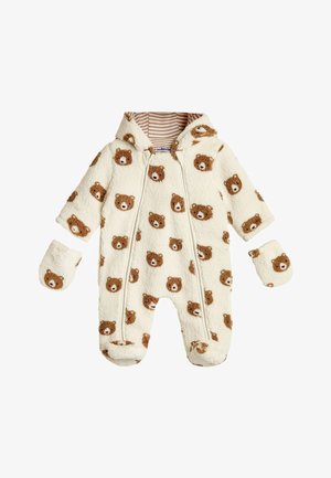 Baby-Fleece-Einteiler in Creme mit Kapuze, braunem Teddybär-Gesichtsmuster, angenähten Füßchen und passenden Fäustlingen.
