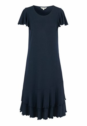 Navyblauwe jurk met korte mouwen, ronde hals, wapperende mouwen en een gelaagde volantzoom die onder de knie valt.
