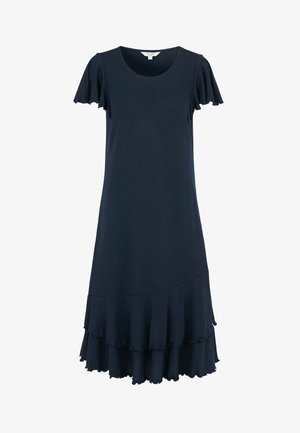 Navyblauwe jurk met korte mouwen, ronde hals, wapperende mouwen en een gelaagde volantzoom die onder de knie valt.