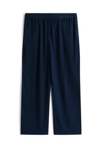 Κοντά παντελόνια σε ναυτικό μπλε με ελαστική μέση, με ομαλή υφή και ευθεία κοπή, χωρίς εμφανείς τσέπες ή διακοσμήσεις.