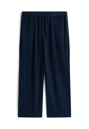 Tamsiai mėlynos trumpos kelnės su elastingu juosmeniu, pasižyminčios lygia tekstūra ir tiesiu pjūviu, be matomų kišenių ar papuošimų.