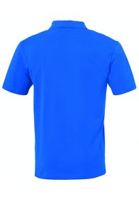 Polo shirt blu realizzato in morbido tessuto di cotone; presenta un colletto classico, maniche lunghe e un orlo dritto. Nessun motivo o accento aggiuntivo.