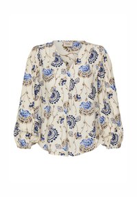 Bluse mit Blumenmuster auf cremefarbenem Hintergrund, mit blauen und beigen Blumen, V-Ausschnitt und Puffärmeln mit gerafften Bündchen.
