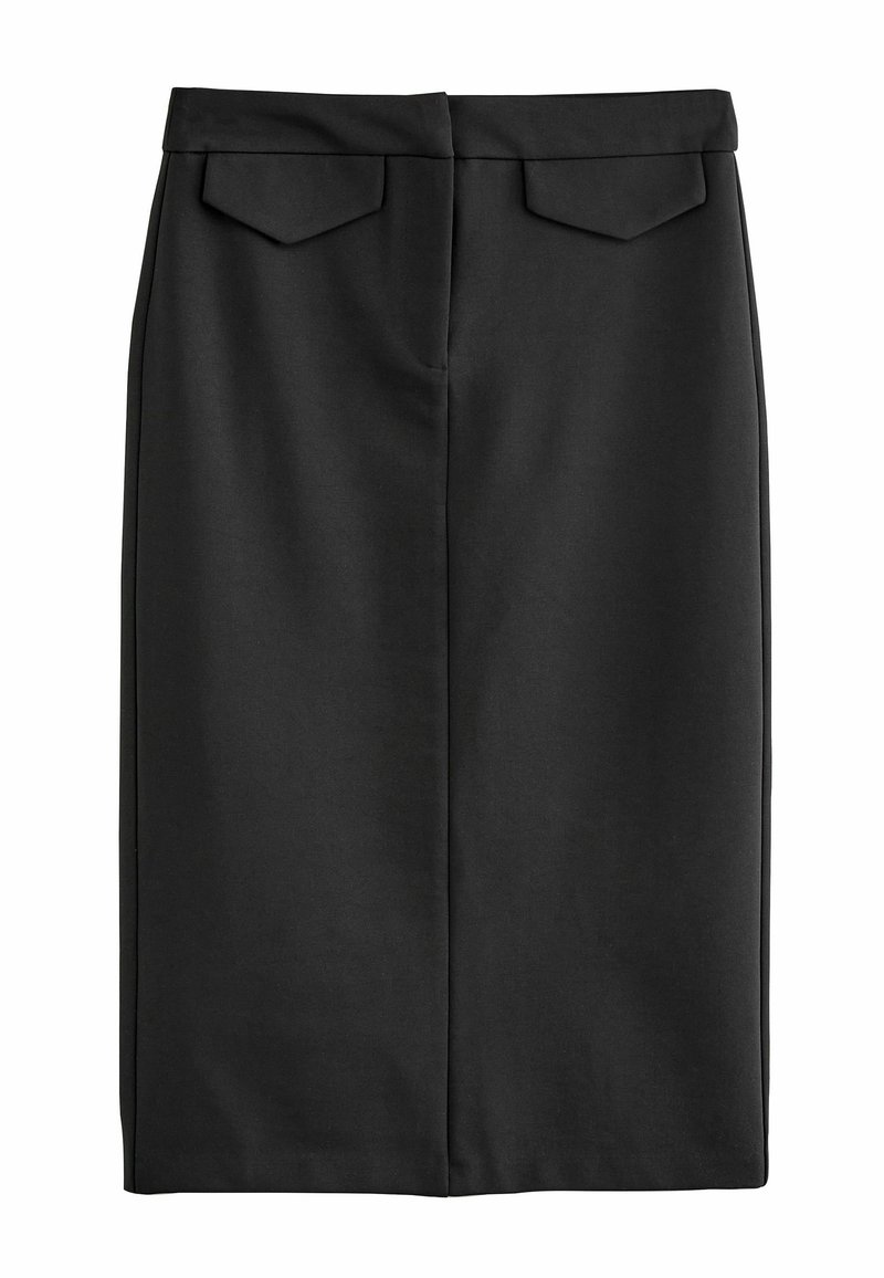 Musthave muströöd, kohandatud disainiga, põlve pikkuses, sileda kangaga, millel on kaks tagumist taskut kaldflappidega, puhtad jooned, ilma nähtavate sulgemisteta.