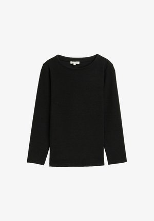 Zwarte langslavige top met een ronde halslijn, textuurstof, iets losse pasvorm en zonder zichtbare hardware of accenten.