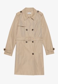 Beige trench coat valmistatud siledast kangast, kahekordse nööpidega disain, suured nööbid, vöö ja klapitaskud.
