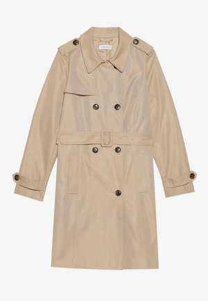 Beige trench coat made of smooth fabric, featuring a double-breasted design, large buttons, a belt, and flap pockets.